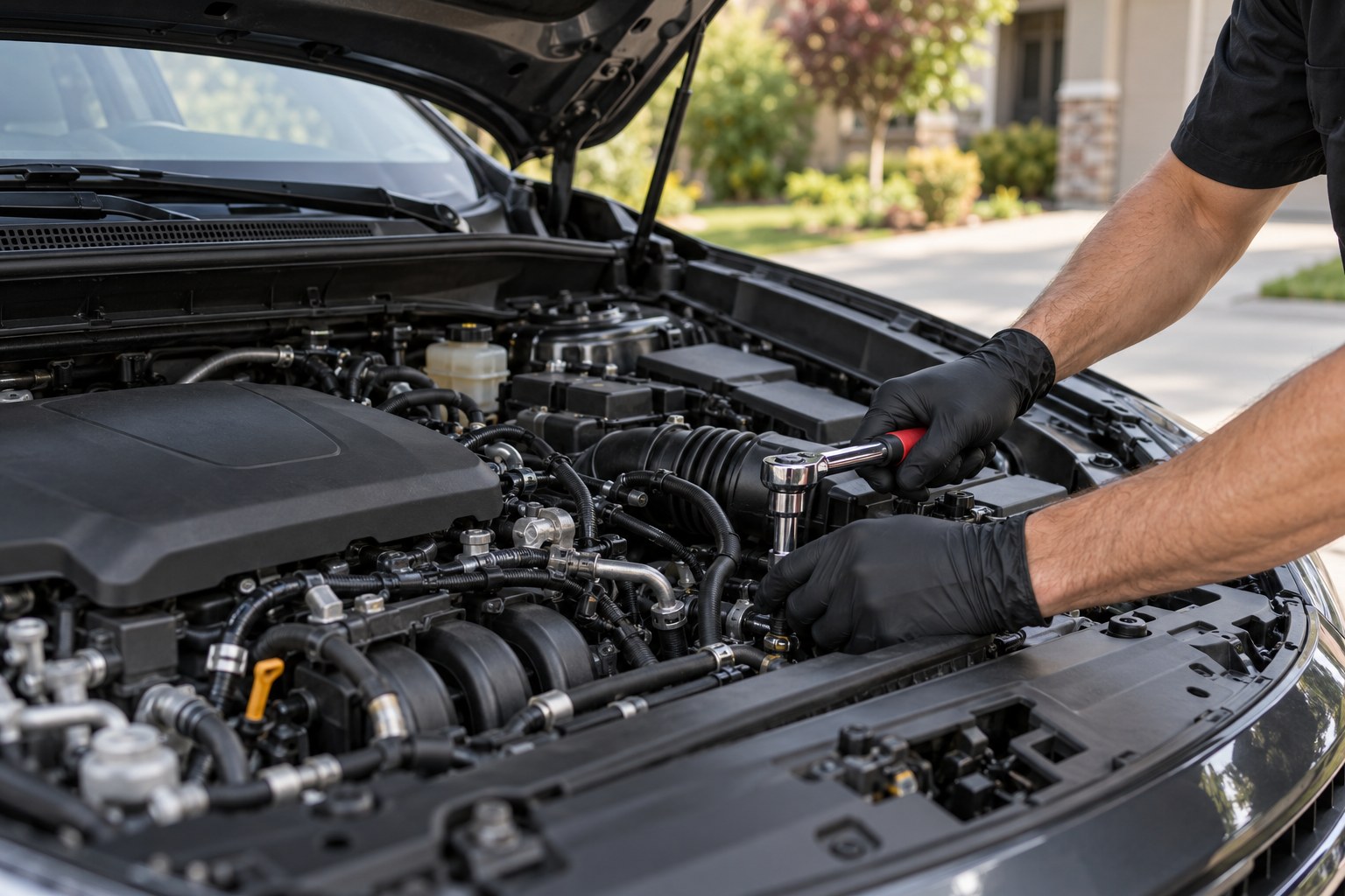Gloved mechanic working under the hood of a vehicle in a driveway